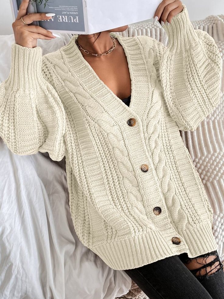 Solid Button Front Cable Knit Cardigan | EMERY ROSE Cheap Trendy Cardigan For Cold Weather, Affordable Cozy Cardigan For Work, Cheap Cozy Cardigan For Work, Cheap Cozy Spring Cardigan, Cardigan Sweaters For Women Wool, Cheap Knit Cardigan With Buttons, Cheap Fitted Cable Knit Cardigan, Cheap Cable Knit Crew Neck Cardigan, Affordable Cozy Cable Knit Cardigan