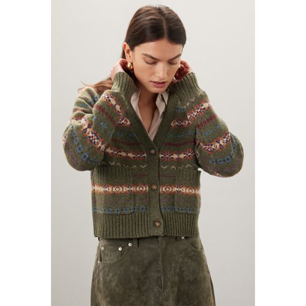 Multicolor abstract knit (84% wool, 6% cashmere, 6% alpaca wool, 4% other fibers). Sweater. Long sleeves. V-neck. Front button closure. 21" from shoulder to hemline. Imported. Punto Fair Isle, Ralph Lauren New York, Winter Green, Cardigan Green, Fair Isle Cardigan, Lauren Green, Ralph Lauren Outfits, Fair Isle Sweater, Embroidered Sweater