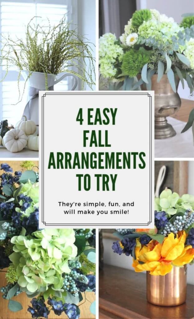 four different images with the words 4 easy fall arrangements to try in front of them