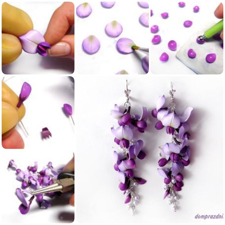 the process of making flower earrings is being made with purple flowers and beads, while someone uses a pair of scissors to cut them