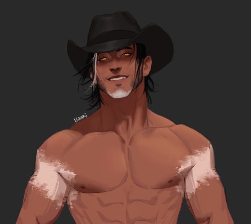 an image of a man with no shirt on wearing a cowboy hat and posing for the camera