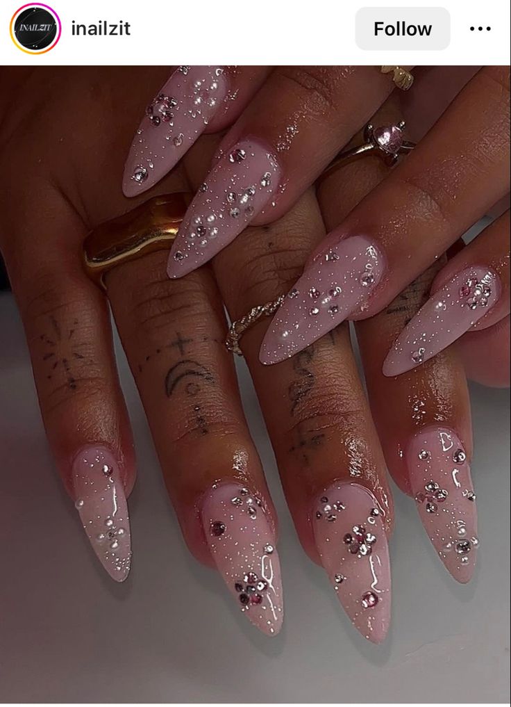 Almond Nail Designs With Gems, Nail Gem Inspiration, Birthday Biab Nails Designs, Baddie Classy Nails, Spring Bday Nails, Spring Nails With Charms, Long Almond Nails With Gems, Almond Nails Spring 2024, Almond Shape Birthday Nails