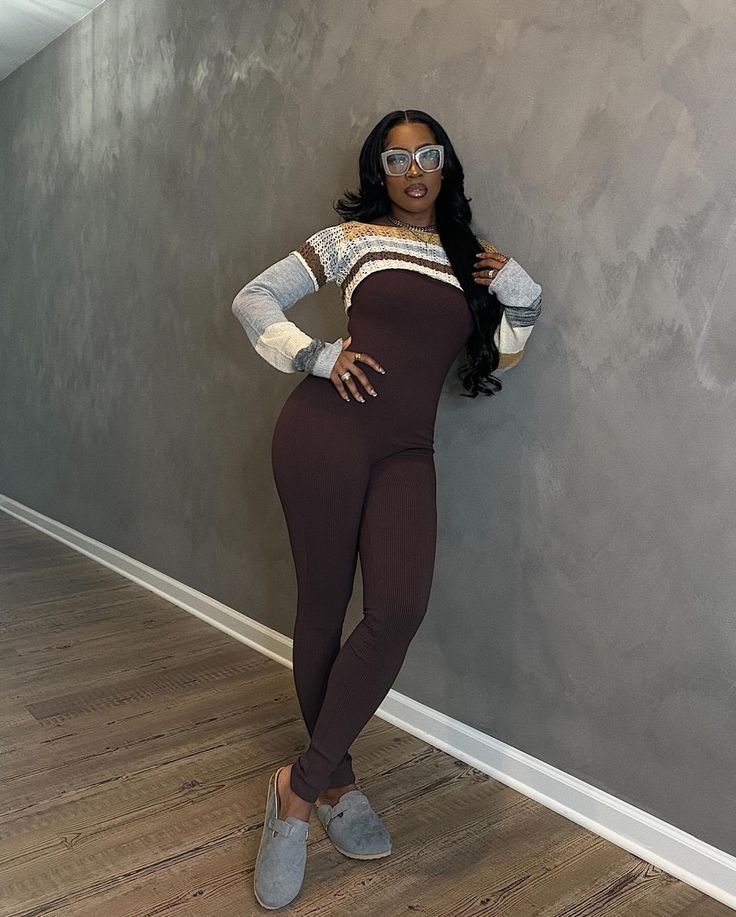 Bronnieeee | COZY 🤎 @FashionNova 🔎 Nova Boost Snatched Jumpsuit 🔎 Skyline Stripe Cropped Sweater Shrug | Instagram Sweater Over Jumpsuit Outfit, Casual Cropped Sweater With Cozy Fit, Extreme Cropped Sweater Outfit, Sweater Over Jumpsuit, Cozy Cropped Sweater With Open Knit, Sporty Stretch Cropped Sweater, Crop Sweater Outfit, Shrug Outfit, Fuzzy Cropped Cardigan