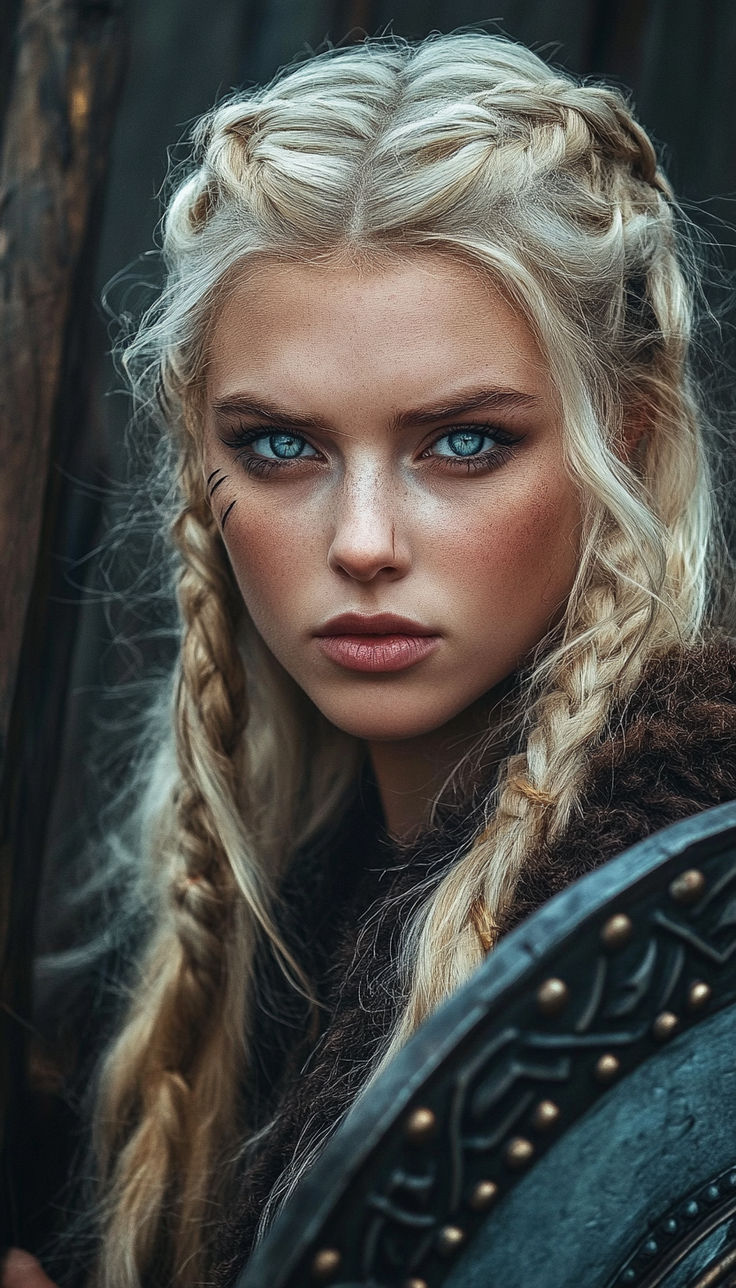 a woman with long blonde hair and blue eyes is dressed in viking clothing, holding a shield