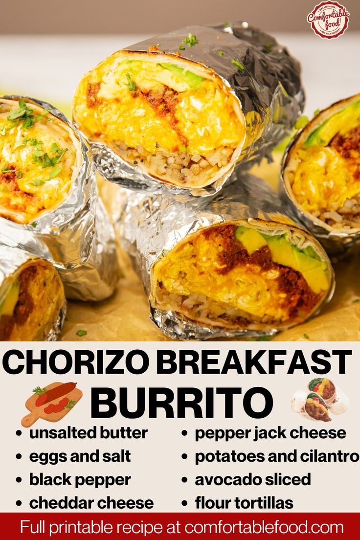 an advertisement for breakfast burritos on a cutting board with the words, chorizo breakfast burrito