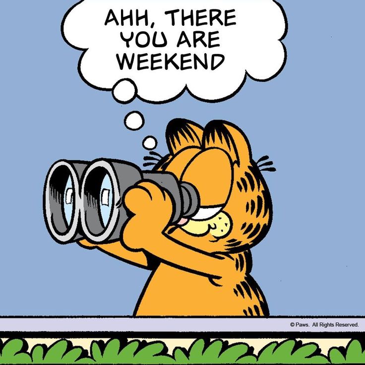 a cartoon cat looking through a telescope at the sky with an thought bubble above it that says ah, there you are weekend