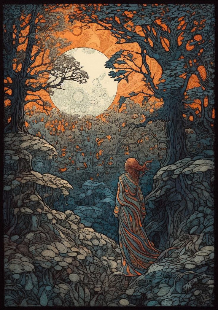 a painting of a person standing in the woods at night with a full moon behind them