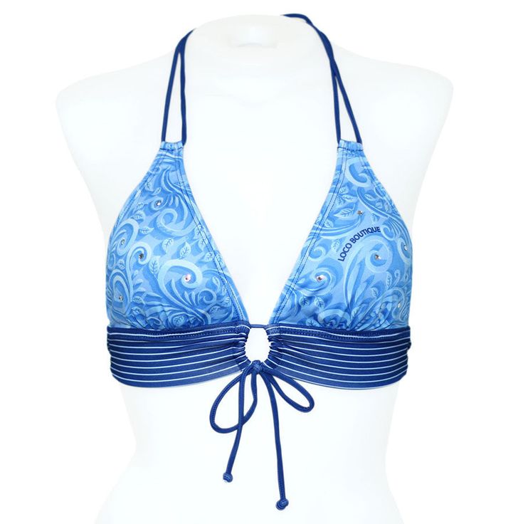 Double spaghetti ties at neck, keyhole front ties & hook back closure. Adjustable Blue Tankini For Vacation, Blue Swimwear For Holiday Beach Season, Adjustable Blue Halter Top For Beach Season, Halter Neck Tankini For Beach Festival, Beachwear Tops For Beach Season Holiday, Holiday Beachwear Tops For Beach Season, Vacation Swimwear With Triangle Top, Beach Season Holiday Beachwear Tops, Holiday Beach Season Beachwear Tops