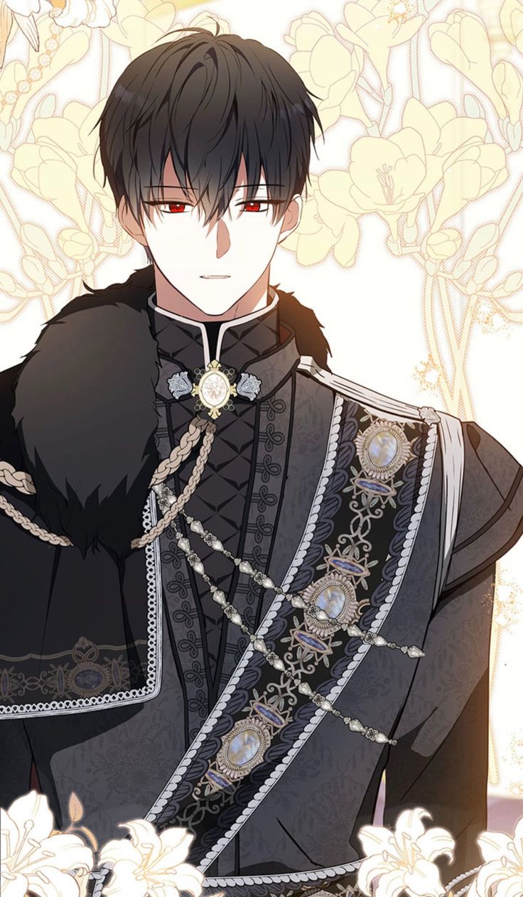 an anime character with black hair and red eyes, wearing a black outfit in front of white flowers