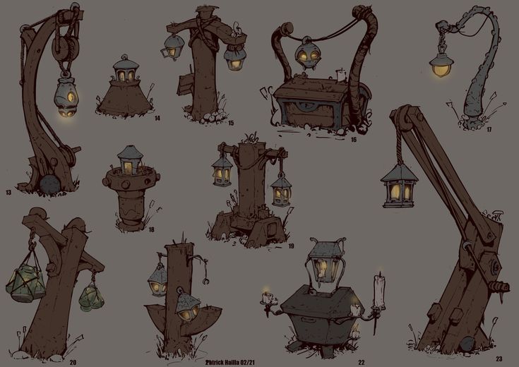 several different types of lamps and structures in the style of an old - fashioned machine