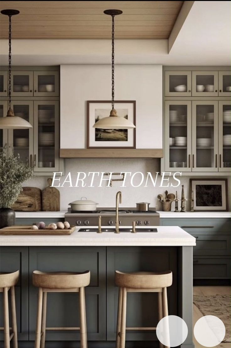 an image of a kitchen setting with bar stools in the foreground and earth tones on the wall