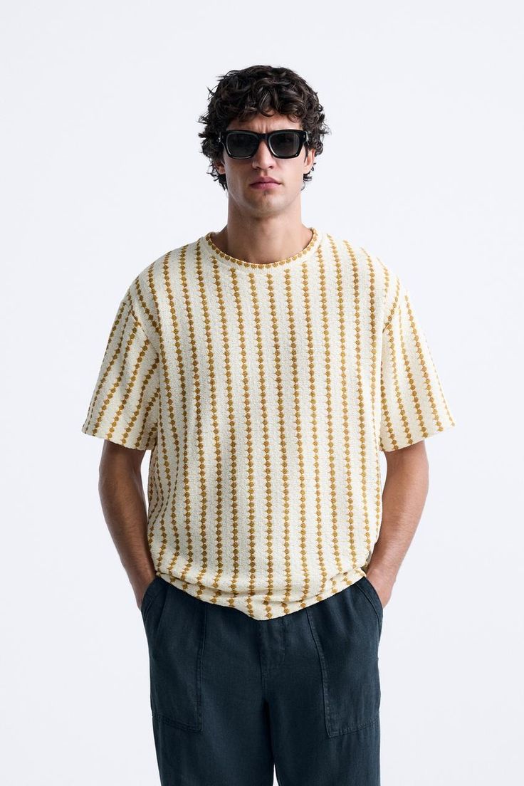 TEXTURED STRIPED T-SHIRT - Ecru/Yellow | ZARA United States Off White Relaxed Fit Crew Neck Tops, Zara Off White Tops For Summer, Zara Off White Summer Tops, Yellow Short Sleeve Tops For Summer, Mustard Crew Neck Top For Spring, Casual Beige Short Sleeve Top For Summer, Casual Off White Tops With Graphic Print, Casual Off White Graphic Print Tops, Casual Off-white Tops With Graphic Print