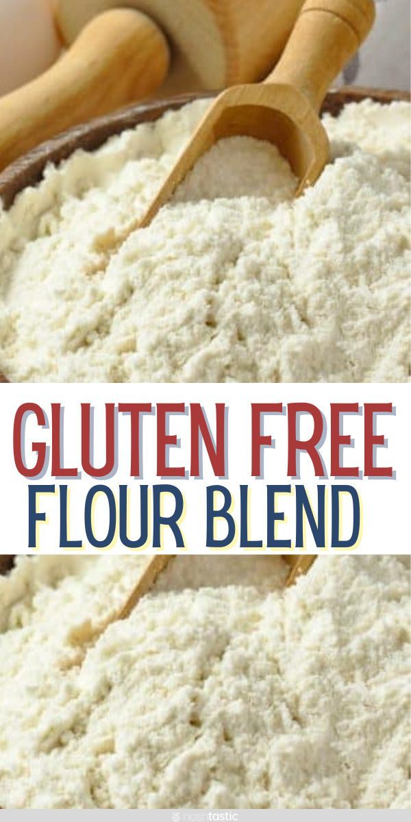 gluten free flour in a bowl with wooden spoons on the side and text overlay reading gluten free flour blend