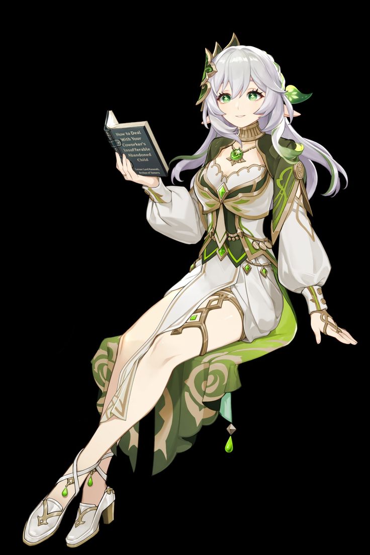 an anime character is holding a book in her hand and wearing white clothing with green accents