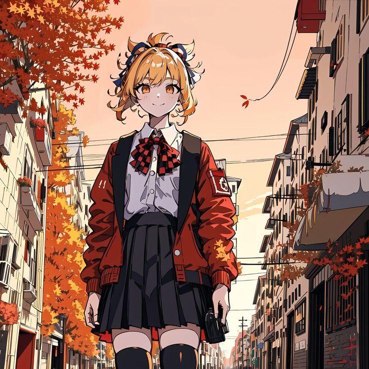 an anime character is walking down the street in front of some buildings with autumn leaves on them