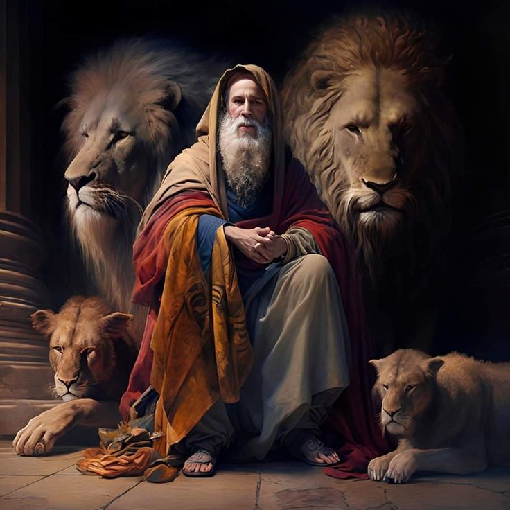 a painting of jesus surrounded by lions on the ground with his hands in his pockets