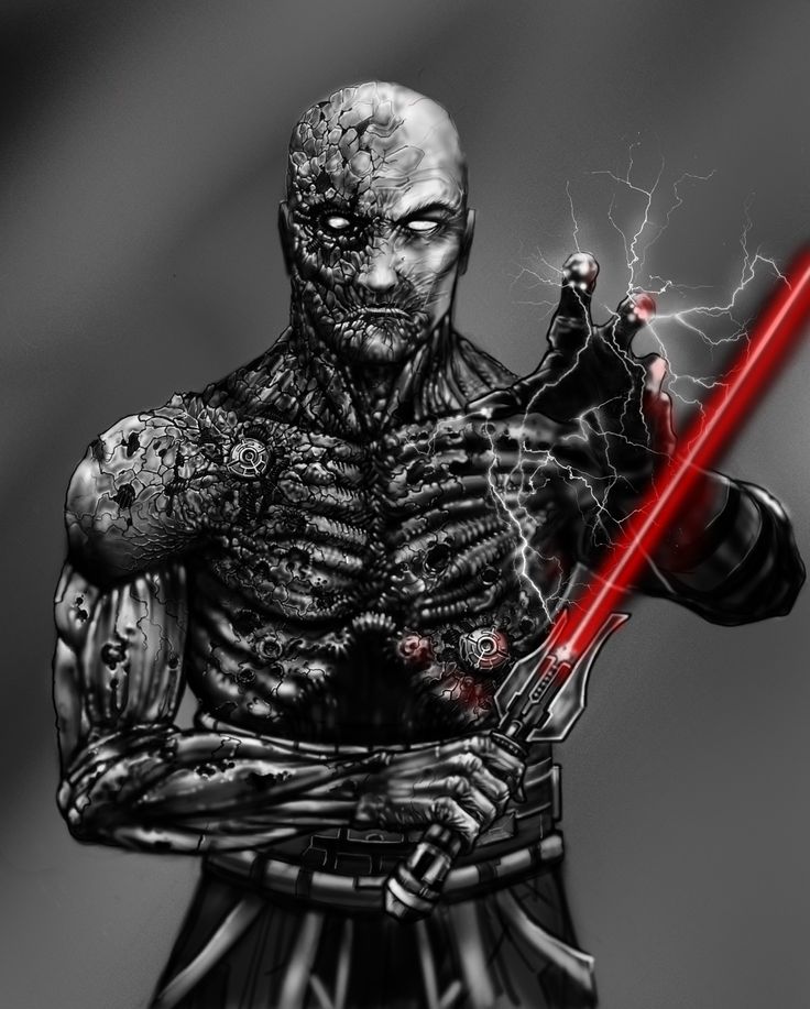 a drawing of a man holding a red light saber