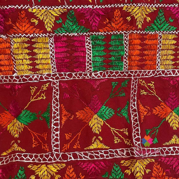 Antique Khadar Bagh is traditional hand embroidered phulkari made for special Punjabi Sikh wedding ceremonies. Mostly used for wedding jaago night, wedding day as a canopy and then gifted to the bride. Khadar Bagh phulkari is a symbol of happiness, prosperity and well being of a woman. Khadar Bagh - Made on hand dyed cotton cloth called khaddar with embroidery of silk threads. Fabric is hand spun and a handloom. Whole surface of the fabric in this bagh has been embroidered in geometric patterns. Old Design, Night Wedding, Sikh Wedding, Wedding Shawl, Wedding Ceremonies, Design Wedding, Maroon Color, Silk Thread, Hand Spinning