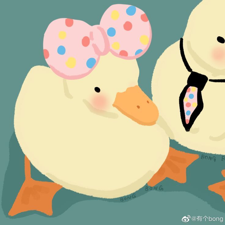 two white ducks with pink bows and polka dots on their heads are facing each other