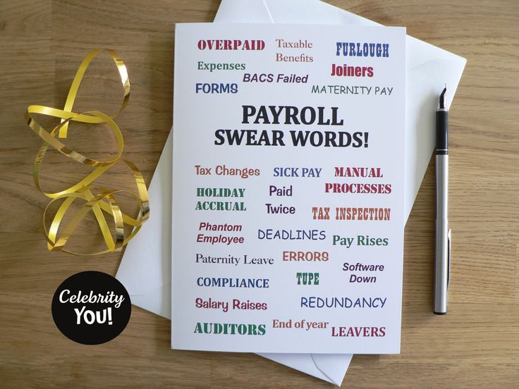 a card with the words payroll swear words on it and a pen next to it