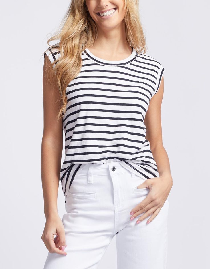 White & Co. - Cali Tank Top - Black/White Stripe - White & Co Living Tees & Tanks Friendly Design, Lightweight Tops, Effortless Elegance, Women Supporting Women, Quality Fashion, Sleeveless Tank, Dressed Down, Black Tank Tops, Women's Tops