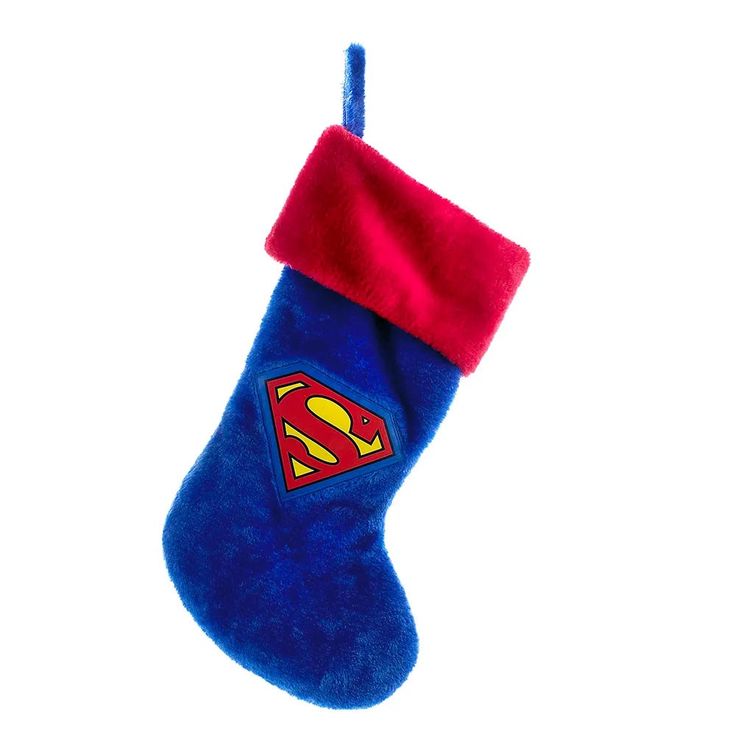 a blue christmas stocking with a superman symbol on it