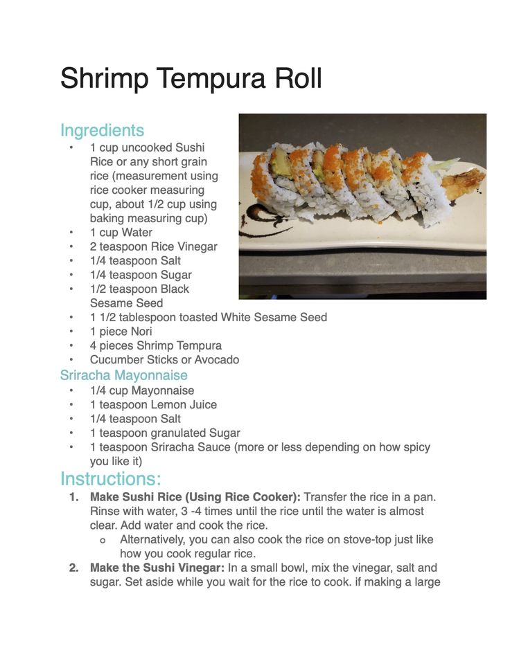 the recipe for shrimp tempura roll is shown in this page, with instructions