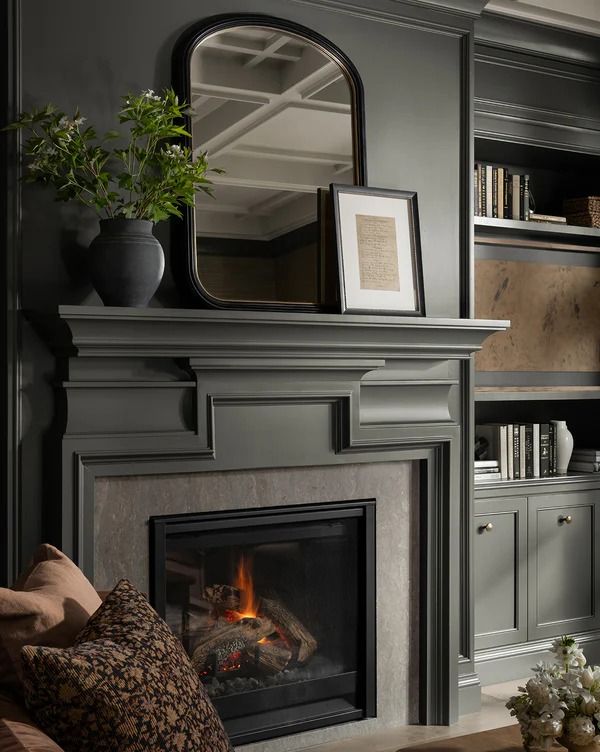 a living room with a fire place and bookshelves