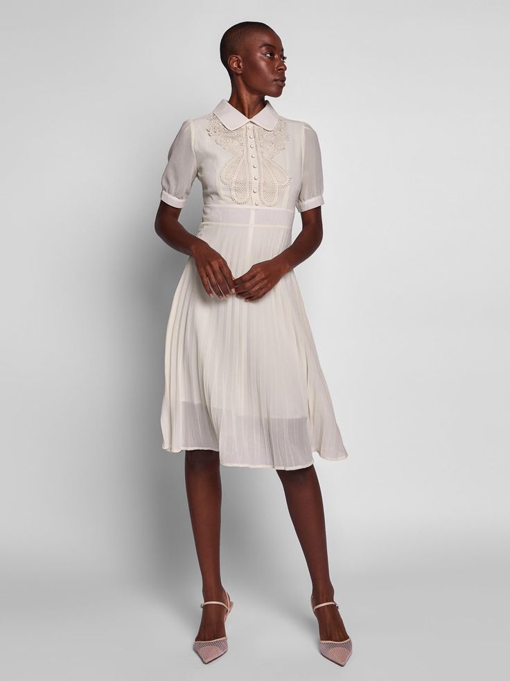 Paris Midi Dress White Midi-length Pleated Dress For Formal Occasions, Feminine Fitted Knee-length Pleated Dress, Feminine Knee-length Fitted Pleated Dress, Feminine Summer Tea Length Dress For Formal Occasions, Feminine Tea-length Dress For Summer Formal Events, Feminine Tea Length Dress For Summer Formal Events, Pleated A-line Midi Dress For Daywear, Knee-length Pleated Evening Dress, Chic Tea Length Midi Dress For Spring