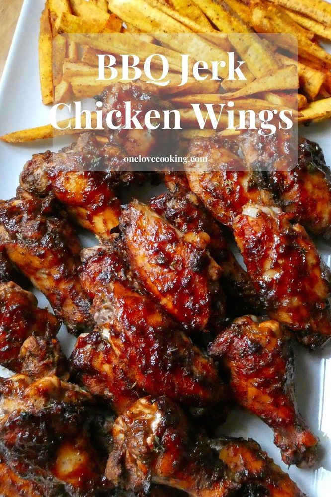 bbq chicken wings and french fries on a plate with text overlay that reads, bbq jack chicken wings