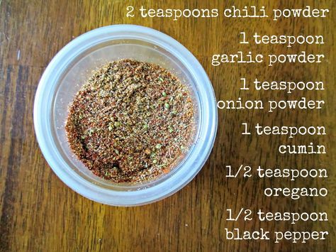 the ingredients to make teaspoon chili powder in a glass bowl on a wooden table