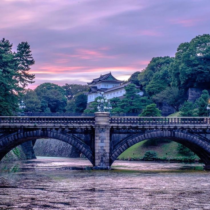 a bridge over a body of water in front of a building with a pagoda on top