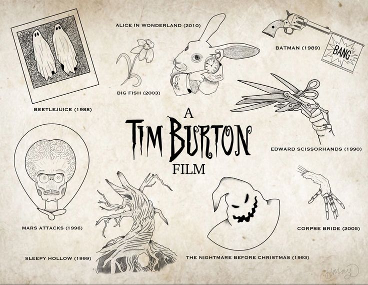 the tim burton film poster is shown in black and white