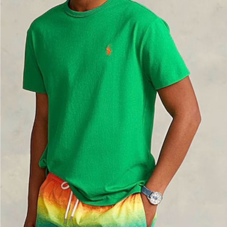 Cotton Orange Horse Embroidered Detailing, Brand Logo, Solid Color, Round Collar, Short Sleeves, Medium Casual Green Polo Shirt For Summer, Green Crew Neck Polo Shirt For Summer, Summer Cotton Polo Shirt With Crew Neck, Summer Cotton Crew Neck Polo Shirt, Green Cotton Crew Neck Polo Shirt, Green Short Sleeve Casual Polo Shirt, Ralph Lauren Shirts Men, Cargo Vest, Adidas Track Suit