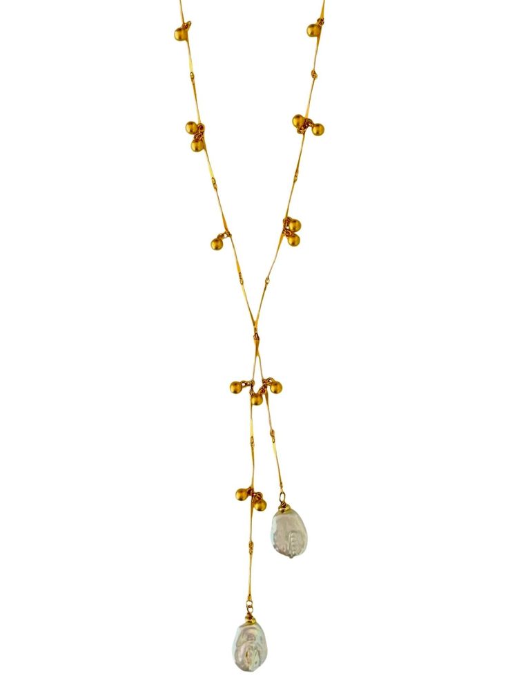 Elevate your style with this exquisite handmade gold lariat necklace, featuring two stunning freshwater baroque cultured pearls. The pearls hang gracefully at each end of the lariat, adding an elegant and unique touch to the piece. The gold-plated brass chain is adorned with delicate gold balls, enhancing its luxurious feel. Whether worn for a special occasion or as an everyday statement piece, this necklace offers versatility and sophistication. Pearls are unique and may differ in size and shape than the photo Gold Pearl Jewelry With Dangling Beads, Adjustable Pearl Lariat Drop Necklace, Pearl Lariat Necklace With Adjustable Chain, Gold Plated Long Pearl Necklace, Gold Dangle Necklace With Pearl Pendant, Elegant Yellow Gold Necklaces With Dangling Beads, Pearl Pendant Lariat Necklace, Adjustable Lariat Necklace With Pearl Drop, Adjustable Gold Drop Necklace With Pearl