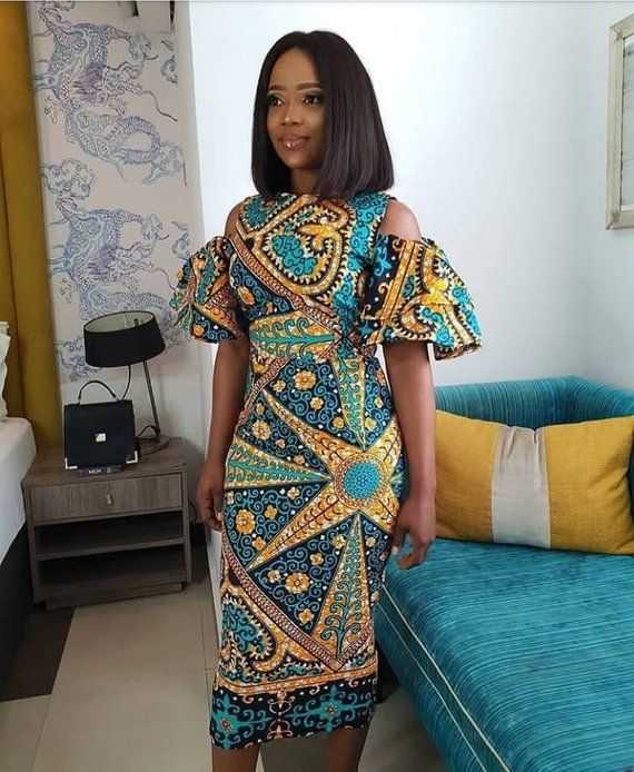 Latest Ankara Styles, Ankara Cold Shoulder Dress. https://www.etsy.com/listing/612947176/ankara-slim-fit-cold-shoulder-dress Ankara Long Gown, African Party Dresses, Ankara Long Gown Styles, Ankara Dress Styles, African Fashion Designers, African Dresses Modern, Afrikaanse Mode, Gaun Fashion, African Fashion Modern