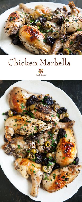 chicken marbella with olives and herbs on a white plate next to the same image