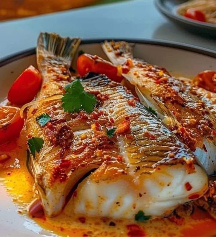 some fish on a plate with tomatoes and sauce