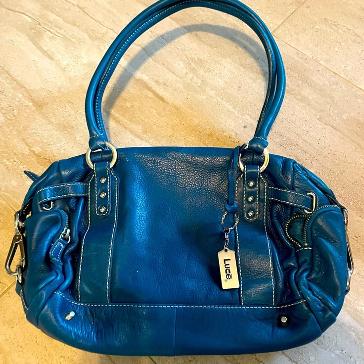 Nwot Feels Like Leather Blue Double Handle Hobo Bag For Errands, Blue Shoulder Bag With Handle Drop, Blue Hobo Bag With Top Carry Handle, Blue Hobo Shoulder Bag With Top Carry Handle, Blue Hobo Tote Bag With Top Carry Handle, Daily Use Blue Hobo Bag With Handles, Blue Hobo Bag For Errands, Blue Hobo Bag With Handle Drop For Everyday Use, Everyday Blue Satchel With Handle Drop