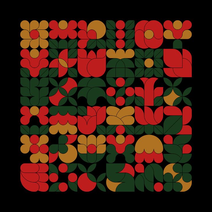 an abstract pattern with leaves and flowers on a black background