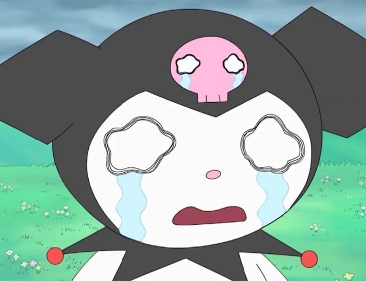 a cartoon character with tears on his face and eyes, standing in the middle of a field