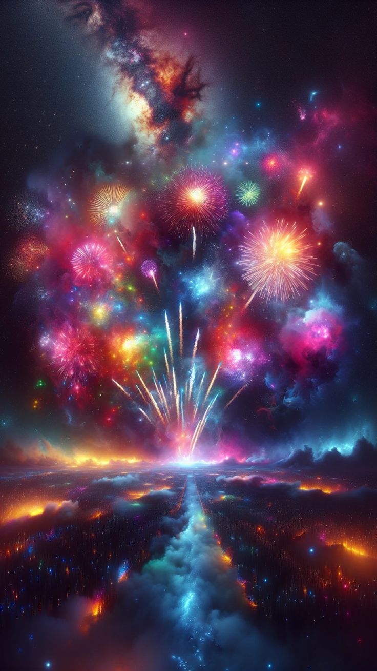 colorful fireworks are lit up in the night sky above clouds and water, as well as stars