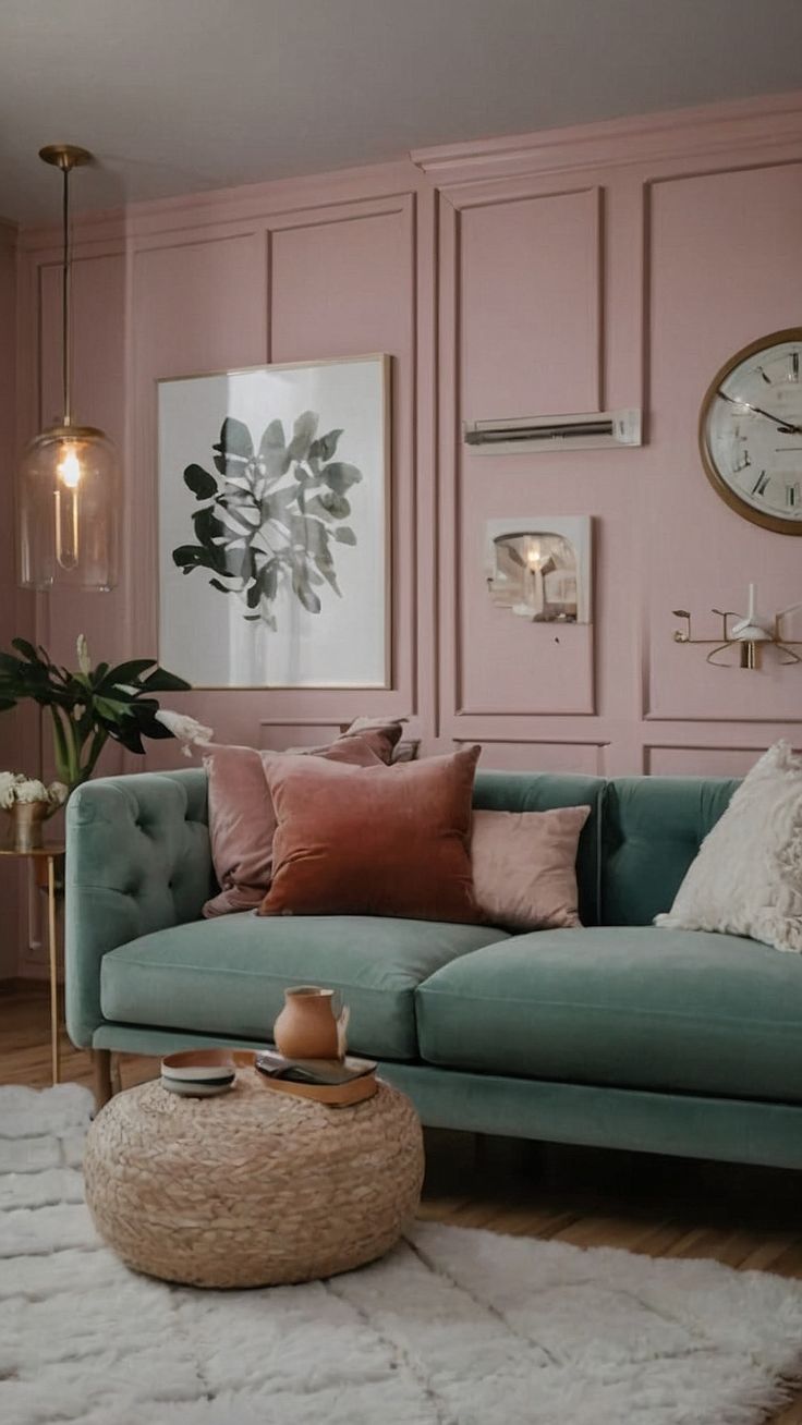 a living room with pink walls and green couches in front of a clock on the wall