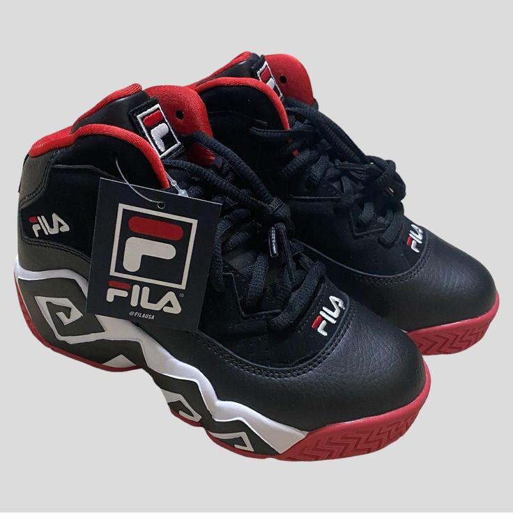 New Without Box Fila Mb Jamal Mashburn Kids Sneakers. Kids, Retro, Black Leather/Synthetic Upper, White Sole, Red Bottom, Red Lining, Lace Up, Cool Kids Kicks! A Shoe Designed For Basketball Player Jamal Mashburn. Black High-top Basketball Shoes With Elastic Laces, Black Basketball Shoes With Elastic Laces, Sporty Synthetic Basketball Shoes For School, Casual Black Basketball Shoes With Elastic Laces, Black Sneakers With Laces For School, Sporty Black Basketball Shoes For School, Casual Black Basketball Shoes For School, Casual Black School Basketball Shoes, Black Athletic Shoes