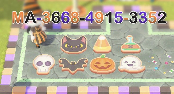 an animal crossing game with pumpkins, cats and ghost cookies on the ground in front of it