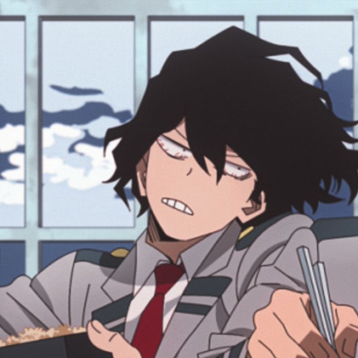 an anime character sitting at a table with food in his hand and chopsticks in his other hand