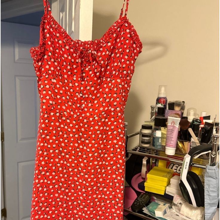 Nwt Size Medium Red Floral / Flower Dress Has Some Buttons That Are Not Functional Seen In 2nd Pic Ruffled At The Top, Tieable Bow In The Middle Of The Chest Dress Is So Cute But My Tatas Were Too Big ) : I Sell On Multiple Sites If A Post Is Deleted Someone Has Bought It Red Floral Print Sundress For Brunch, Red Floral Print Sundress For Day Out, Flirty Red Sundress For Spring, Red Ditsy Floral Print Dress For Brunch, Casual Red Mini Sundress, Red Casual Mini Sundress, Casual Red Floral Print Sundress, Red Floral Print Sundress, Red Summer Dress With Ditsy Floral Print