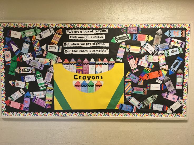 a bulletin board with crayons written on it in front of a white wall