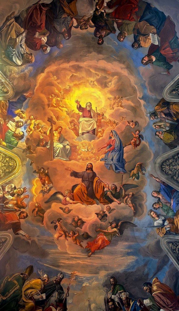 an ornate painting with many people in the center and clouds above it, all painted different colors