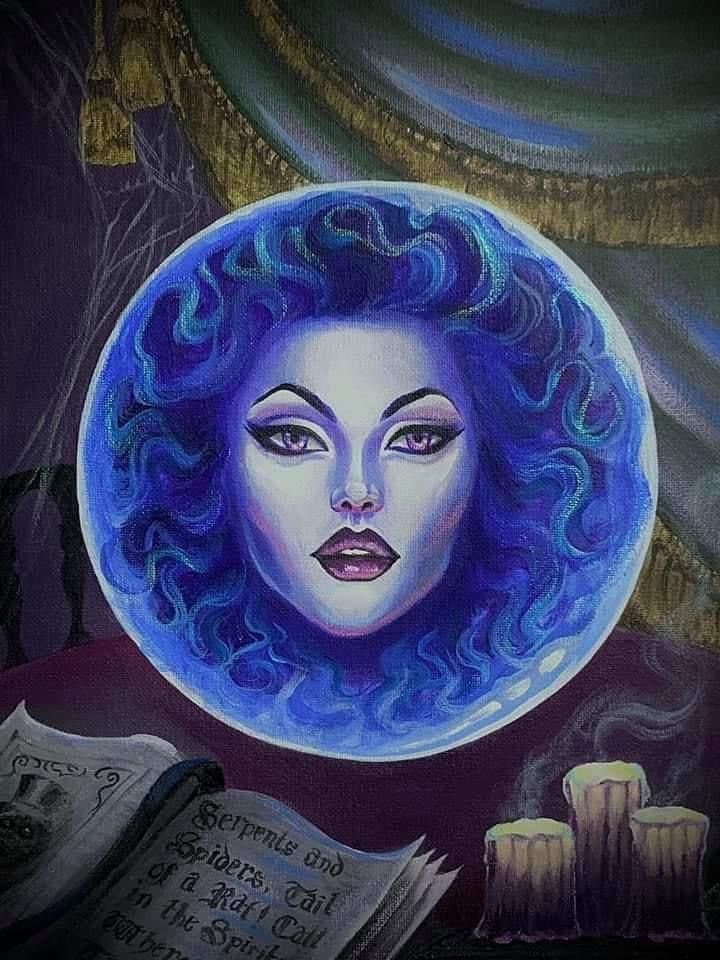 a painting of a woman's face with blue hair and makeup in front of an open book